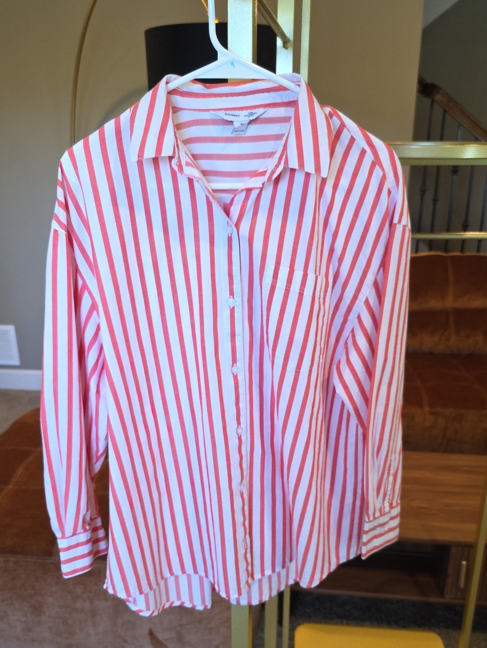 Old Navy Coral and White Striped Boyfriend Shirt